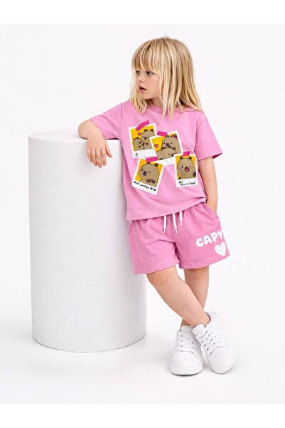 kr kids Girl's Shorts Set Pink Printed T-Shirt Capy Summer 2-Piece Combination