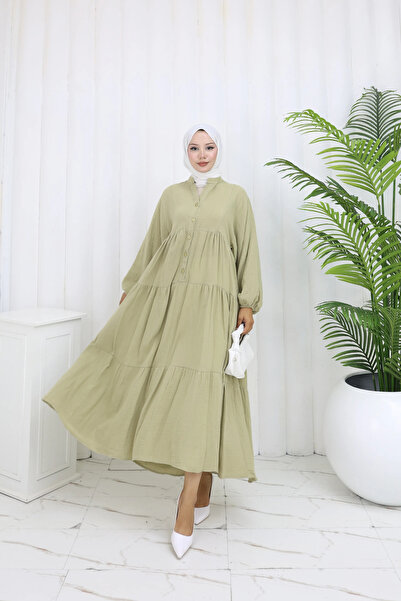TATULA Muslin Fabric Long Dress with Buttons and Layered Detail
