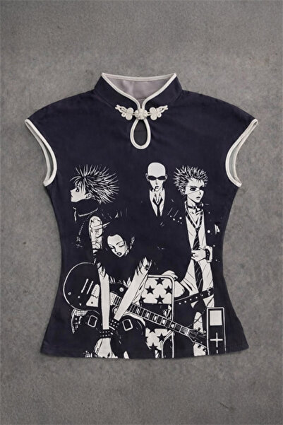 Karakedi Μαύρο Anime Nana Qipao Vintage Y2K με κοντά μανίκια Κοντό