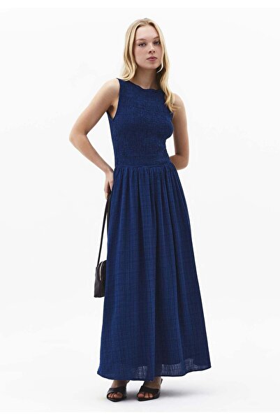 OXXO Long Boat Neck Smocked Sleeveless Dress - NAVY PEONY