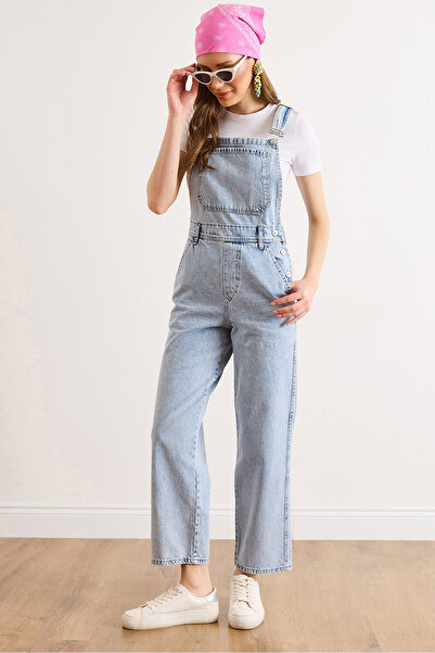 Olalook Γυναικεία ανοιχτό μπλε τζιν σαλοπέτα με τσέπες καγκουρό SLP-19000042