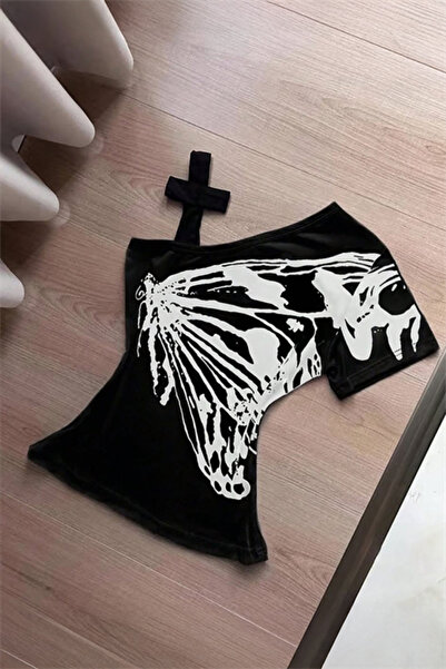 Karakedi Μαύρο κοντομάνικο crop με λουράκια σε σχήμα πεταλούδας Grunge Y2K