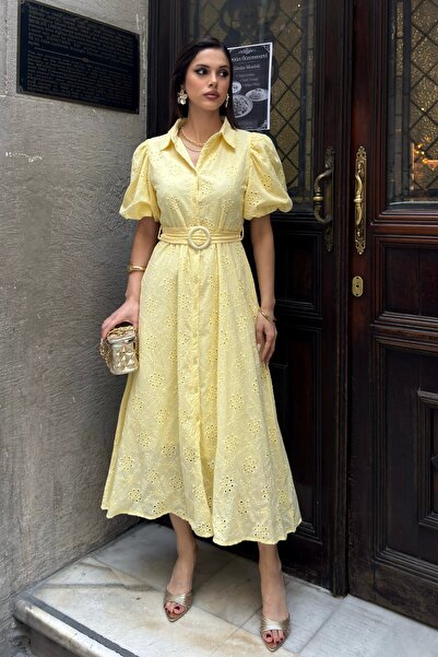 BEJNA Γυναικείο φόρεμα με μανίκια μπαλόνι, ζώνη και επένδυση, υφαντό με κεντη...