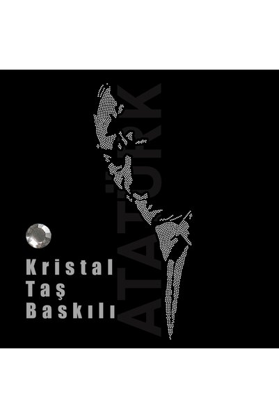 Crea Eymer Wear Vertical Ataturk Silhouette Printed with Crystal Stone - Printed Cotton Crew Neck T-Shirt Black-Black