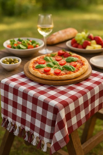 AKGÜN EV TEKSTİLİ Medium Size Checkered Picnic Mat with Fringes, Table Cloth, Table Cover 150X150 cm