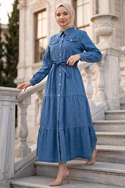 hafsamina Τζιν φόρεμα με κουμπιά και ζώνη HM262764 Ανοιχτό μπλε