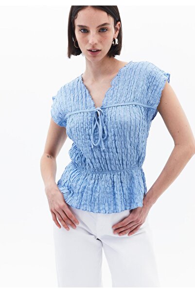 OXXO V Neck Short Sleeve Blouse - CLEAR SKY