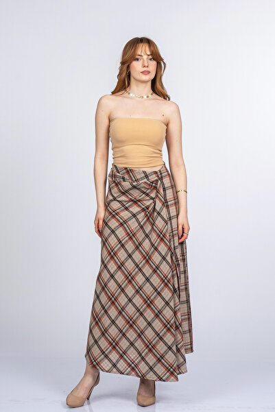 MissVina Elviera Φούστα με χαμηλή μέση γραμμή, καρό σχέδιο, λινό ύφασμα