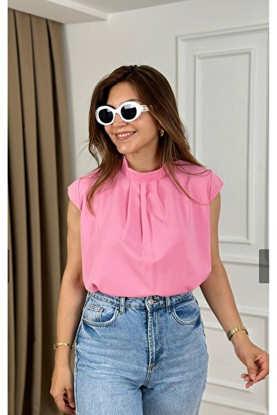 DISHI FASHİON Σατέν μπλούζα με ψηλό γιακά και μηδενικά μανίκια ΡΟΖ