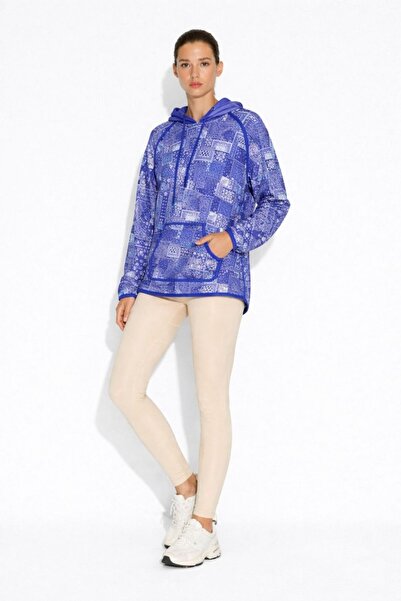 Mizalle Saks Mavi Etnik Desenli Kanguru Cepli Sweatshirt