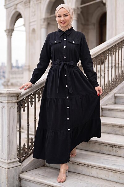 hafsamina Τζιν φόρεμα με ζώνη και κουμπιά, μαύρο HM262764