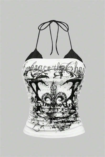 Karakedi Λευκό Δαντέλα τεμάχιο Embrace The Chaos Gothic Y2K Μπλουζάκι με ολόσ...