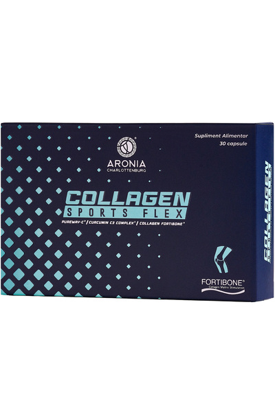 Aronia Charlottenburg Collagen Sports Flex — 30 capsule pentru sănătatea articulațiilor, oaselor și mușchilor, cu Fortibone ®   Colagen, Complex Curcumin C3 ®   și Pureway-C ®   Vitamina C
