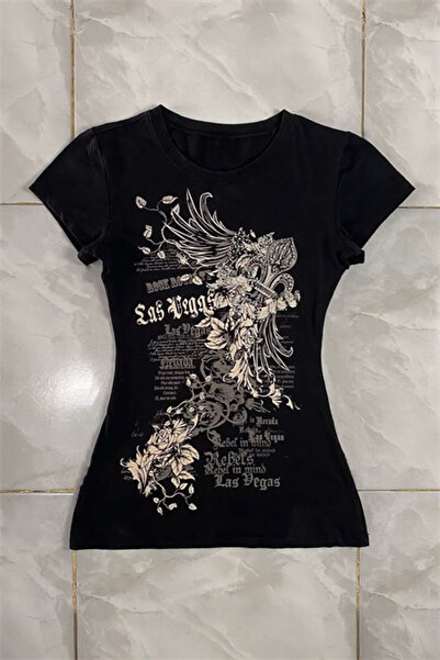 Karakedi Negru Las Vegas Rebels Grunge Y2K cu mânecă scurtă crop