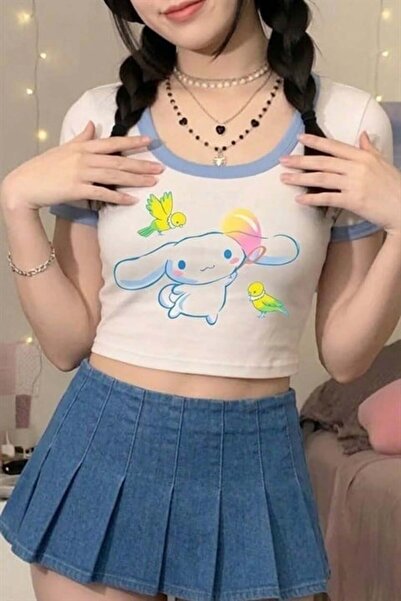 Karakedi White Anime Sanrio: Cinnamoroll Bird Friends Y2K Short Sleeve Cropped