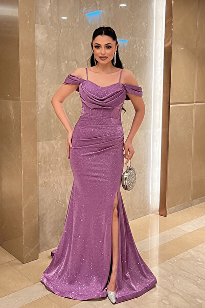 giyimmasalı Βραδινό φόρεμα με γιακά από ύφασμα με λάμψη - LİLA