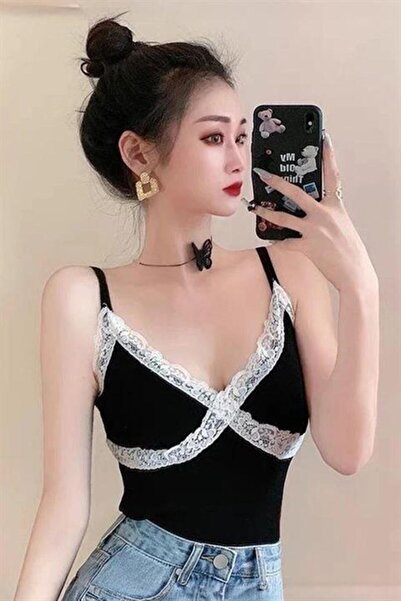 Karakedi Λευκή δαντέλα με ρίγες μαύρο Y2K λουράκι Crop