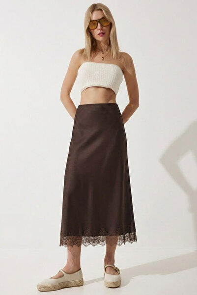 COMBİNE MİCHAİL Γυναικεία δαντελένια λεπτομερής καφέ μακριά σατέν φούστα
