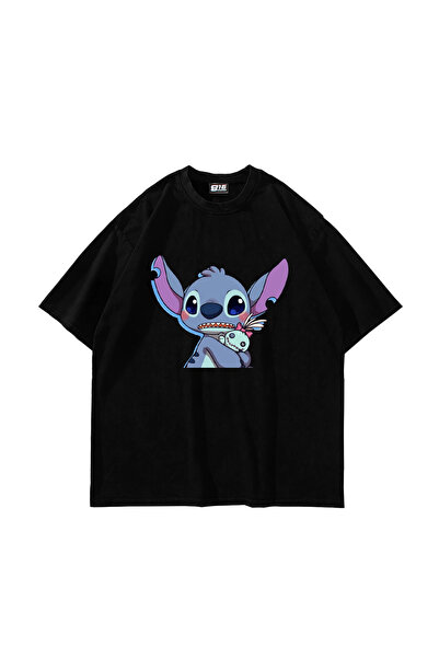 Bak Moda Μπλουζάκι Unisex Μαύρο με στάμπα Stitch Baby Oversize