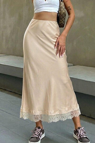 COMBİNE MİCHAİL Γυναικεία δαντελένια βασική κρεμ μακριά σατέν φούστα