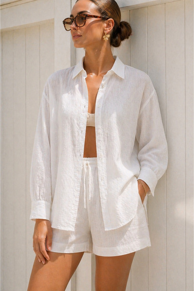 The Cotton Kadın Tam Beyaz Keten Düşük Kollu Loose Fit Gömlek