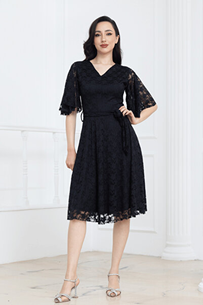 BEYBOS Φόρεμα μίντι με δαντέλα και λαιμόκοψη V - ΜΑΥΡΟ