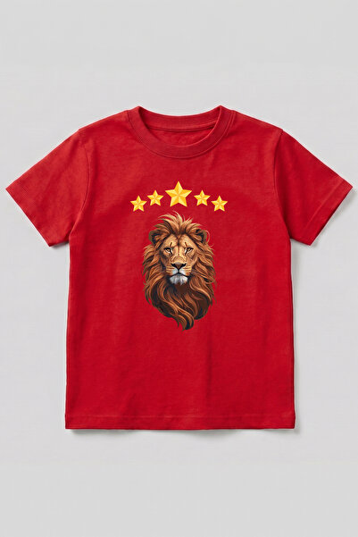 DESEN ATÖLYESİ Cotton 5 Star Lion Printed Red Basic Crew Neck Short Sleeve Ki...