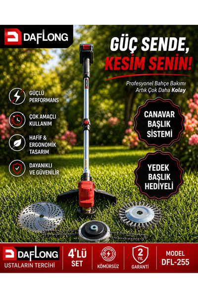 DAFLONG PROFESYONEL 4'LÜ BAHÇE SETİ ŞARJLI DİJİTAL MAKAS 2.1M UZATMA KOLU YAĞLAMALI BUDAMA ŞARJLI TIRPAN DFL-255