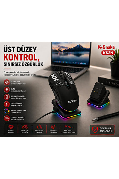 MAMBASNAKE RGB Gaming Mouse 24000 DPI Kablosuz 2.4G Bluetooth Type-C Şarjlı Oyuncu Mouse Şarj Standlı
