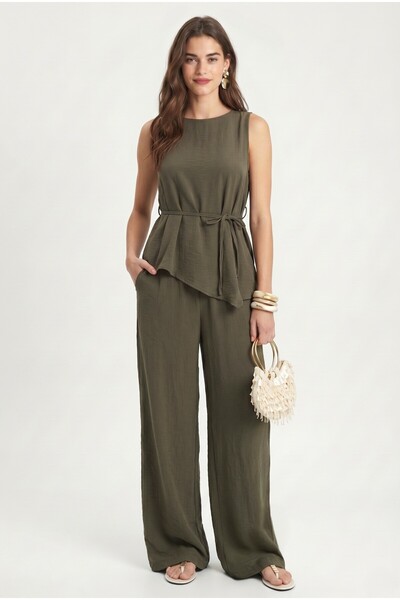 Ritnice Women's Joe Asymmetrical Blouse Pants Woven Khaki Bottom Top Set
