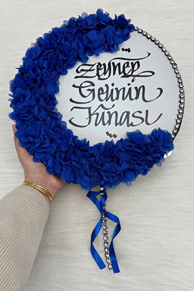 ZEYMERADE Saks Mavi Kaligrafi Gelin Tefi 32cm, Parlak Taş Ve 3d Çiçek Süsleme...