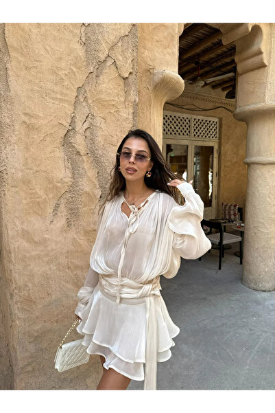 My Blog Εκρού Φόρεμα με Βολάν και Υφή