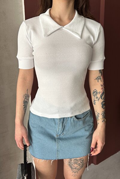 Chicup Γυναικεία λευκή πλεκτή μπλούζα με λαιμόκοψη πόλο και ριμπ ύφανση