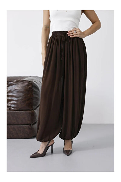 My Blog Καφέ παντελόνι σαλβάρι με ελαστικό τελείωμα στα μπατζάκια - 51316