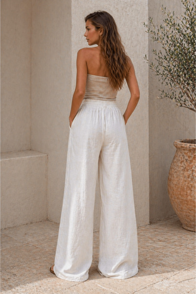 The Cotton Women's White 100% Cotton Muslin High Waist Elastic Pants
