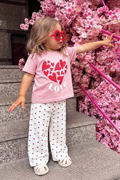 Monila Κοριτσίστικο βαμβακερό μπλουζάκι με στάμπα ροζ καρδιά και παντελόνι μο...