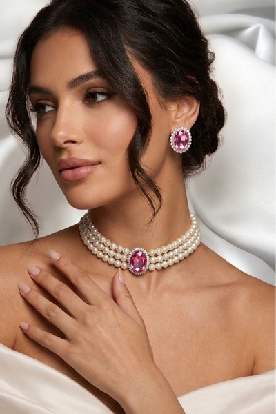 Happyline Oval Pembe Taşlı Choker Kolye Küpe Takım Tasma Kolye Cam İncili Güm...