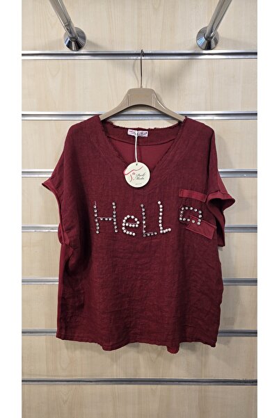 Park Moda Λινή Μπλούζα με Πέρλες και Πέτρες