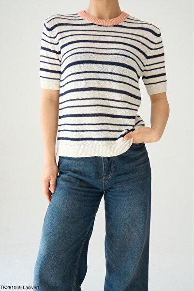 Lupies Women's Cream-Navy Blue Bicycle Color Collar Short Sleeve Sweater