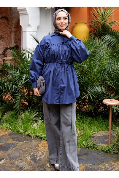 Gioni Dark Blue Tunic with Elastic Waist and Buttons