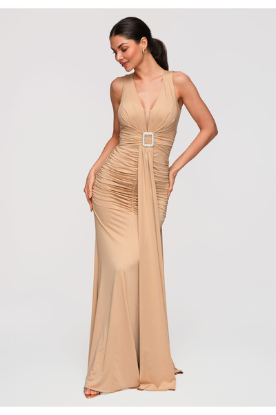 Larica Damen Maxikleid Abendkleid V-Ausschnitt LA-OM-DLR347 Beige