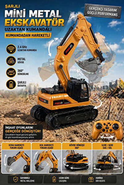 Toyaş 1:64 Mini R/C Uzaktan Kumandalı 2.4GHz Ekskavatör Seti 360 Dönen Metal ...