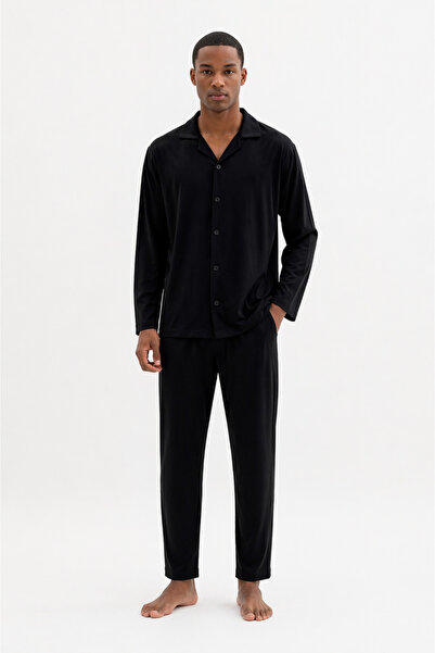 YUYİ Kly Modal Cotton Shirt Collar Front Buttoned Men's Long Sleeved Pajama Set