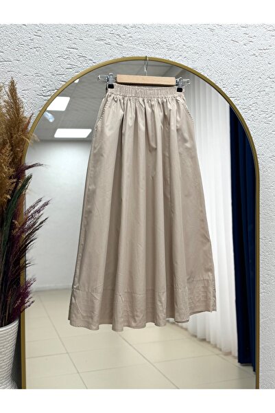 MİHRA STORE İdilnaz Φούστα Ποπλίνα με Διπλές Τσέπες και Έξι Ραφές-BY5020 Μπεζ