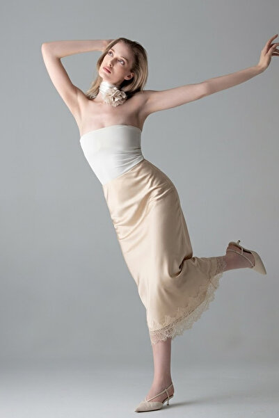 COMBİNE MİCHAİL Γυναικεία Σατέν Φούστα Μάξι με Ψηλόμεσο Κρεμ Χρώμα