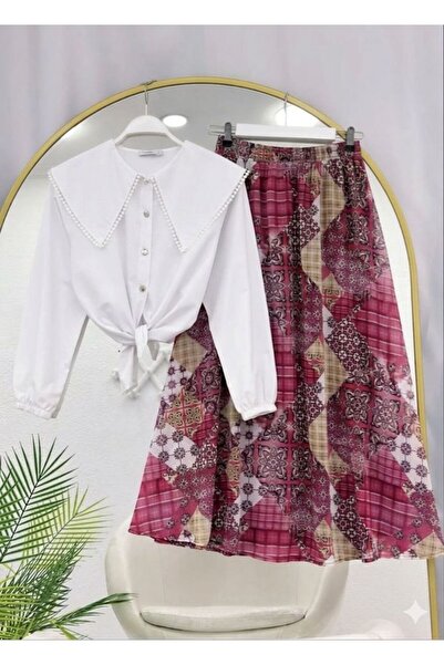 modasindoma Λευκό πουκάμισο με σχέδιο φύλλων και ελαστική μέση, φούστα από σιφόν