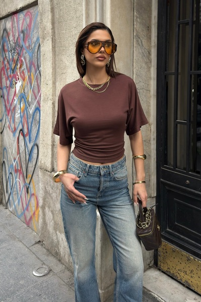 BEJNA Women's Side Gathered Crew Neck Soft Blouse