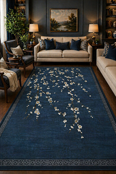 KİLİMİSTAN Sakura Çiçek Desenli Yeşil Kilim Kaymaz Dokuma Taban Yıkanabilir İ...