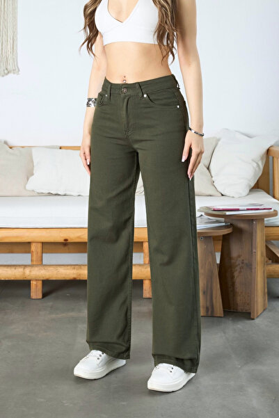 BİKELİFE Γυναικείο χακί ψηλόμεσο τζιν παντελόνι με φαρδιά μπατζάκια