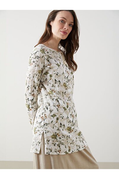 LC Waikiki Lcw Grace Ecru Lace-Up Collar Floral Women's Tunic